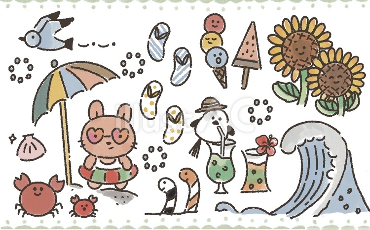 夏　セット　　うさぎ　シマエナガ 夏,セット,植物のイラスト素材