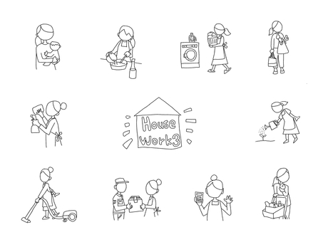 ハウスワーク③　線画 ハウスワーク,ハウスキーピング,家事,ママ,お母さん,女性,手書き,線画,フリーハンド,へたうまのイラスト素材