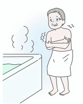 浴槽の前で寒さに耐えている高齢男性 ヒートショック,高齢者,男性,浴室,寒い,震える,風呂,浴槽,血圧上昇,寒暖差のイラスト素材