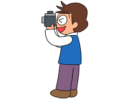 カメラで写真を撮る男性のイラスト カメラ,男性,写真,フォト,趣味,記録,青,デジカメ,人物,撮影のイラスト素材