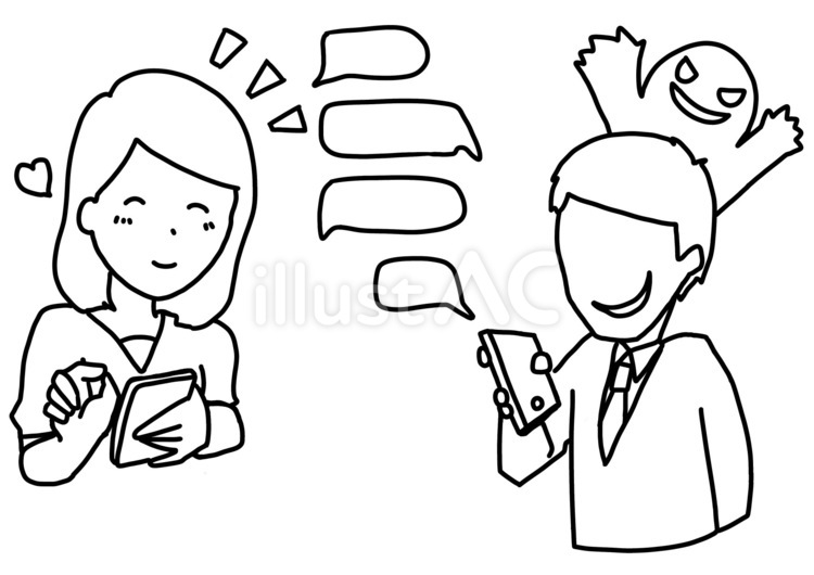 悪人と連絡を取る女性　線画 詐欺,ネット,スマホのイラスト素材