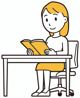  ロングヘア女性(黄)-498-全身 読書,笑顔,女性,女の子,人物,かわいい,微笑む,にっこり,ニコニコ,本のイラスト素材