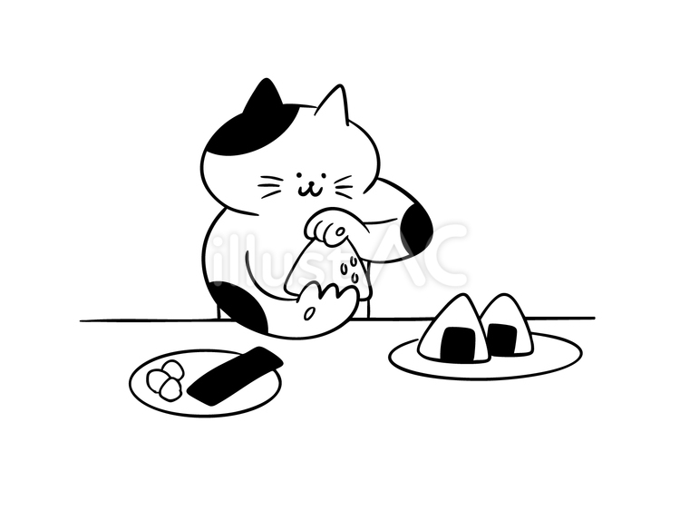 おむすびを握る猫（モノクロ） おむすび,おにぎり,お弁当のイラスト素材