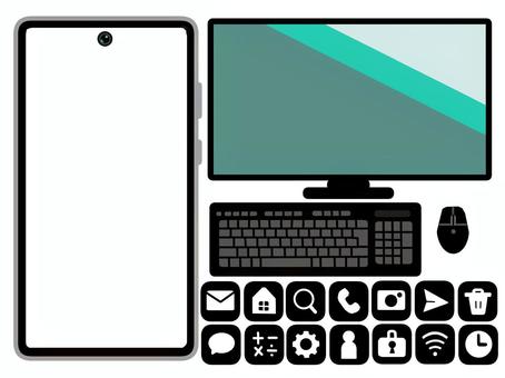 スマホとPCとアイコンセット ガジェット,スマホ,スマートフォン,セット,パソコン,キーボード,マウス,フレーム,透過,黒のイラスト素材