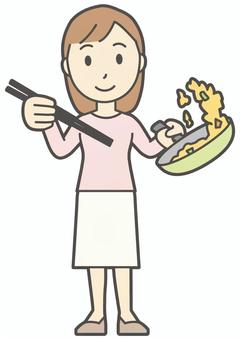  ロングヘア女性-536-全身 炒める,女性,女の子,人物,かわいい,料理,フライパン,クッキング,自炊,家事のイラスト素材
