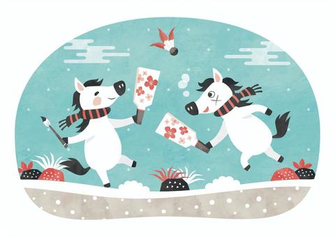 羽根つきをする馬(午)の子_水彩_1 羽根つきをする馬(午)の子_水彩_1 羽根つき,羽子板,馬,午,午年,干支,年賀状,正月,1月,子どものイラスト素材