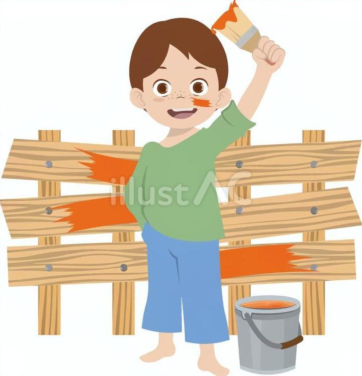 木の柵にペンキ塗るそばかす少年 木,柵,ペンキのイラスト素材