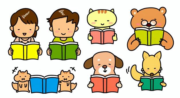 読書する子どもと動物のイラスト素材 読書,本,読書週間,読書の秋,子供,男の子,女の子,動物,ネコ,クマのイラスト素材