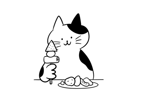 おでんを食べる猫（モノクロ） 猫,おでん,煮込み,具材,ちくわ,こんにゃく,ウィンナー,はんぺん,じゃがいも,からしのイラスト素材