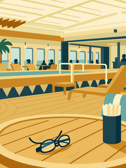 船上の特等席、リドテラスの午後 船上の特等席、リドテラスの午後 クルーズ船,船旅,デッキ,プール,テラス,リド,船上,イラスト,レトロ,ビンテージのイラスト素材