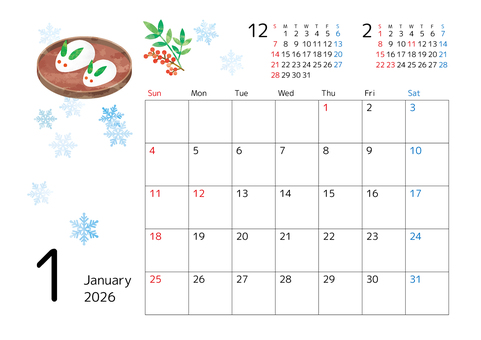 2026年1月カレンダー  雪うさぎ カレンダー,1月,2026,スケジュール,月間,前月,次月,余白,シンプル,イラストのイラスト素材