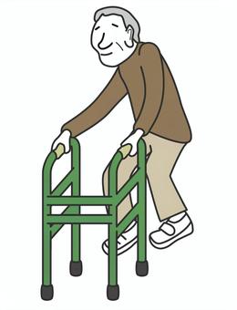 歩行器で歩く高齢者-正面カラー 歩行器,高齢者,歩行,補助,福祉,器具,用具,緑,移動,歩くのイラスト素材