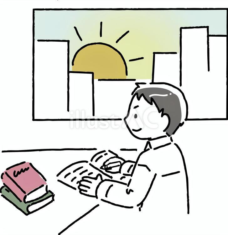 朝活をする男性 朝活,朝日,窓のイラスト素材