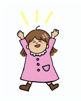 両手を挙げて喜ぶワンピースを着た女の子 女の子,子供,幼児,児童,人物,全身,笑顔,大喜び,喜ぶ,感動のイラスト素材
