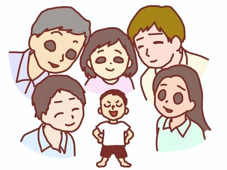 得意げな人のイラスト(夜郎自大 人物,子供,大人,両手,腰,あてる,自慢,威張る,見守る,複数人のイラスト素材