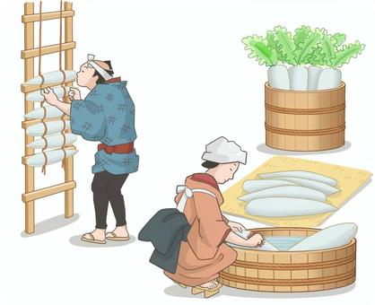 江戸時代　大根漬物屋 江戸時代,漬物,大根,女,洗う,桶,男,干す,着物,仕事のイラスト素材