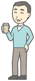  ニット中年男性-258-全身 コーヒー,笑顔,おじさん,男性,中年,お父さん,パパ,シニア,ミドルエイジ,人物のイラスト素材