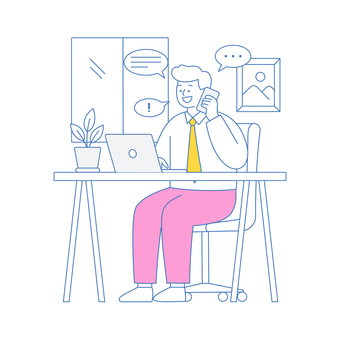 電話対応をするビジネスマンのイラスト 人物,ビジネス,男性,電話,スマホ,パソコン,デスク,仕事,会話,応対のイラスト素材