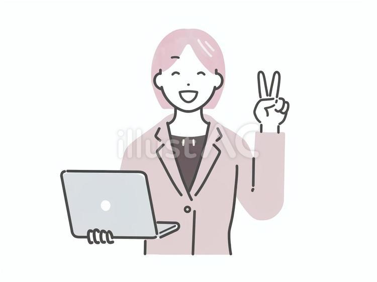 PCを持ちVサインするスーツの女性 女性,人物,若いのイラスト素材