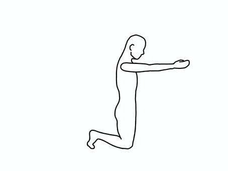 やや俯き前へ腕伸ばし足立てて膝立ちする人 膝立ち,頚前屈,エクササイズ,横向き,線画,白黒のイラスト素材