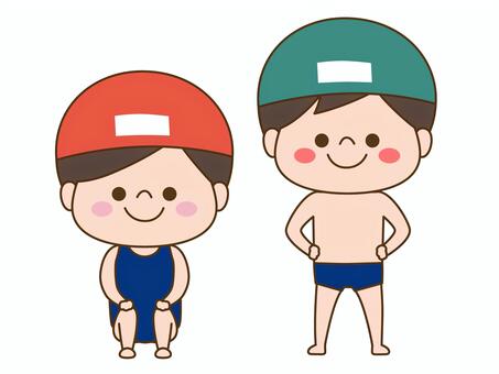 学校行事人物イラスト＜体育・プール＞ プール,水泳,スイミング,体育,授業,習い事,スクール水着,水着,水泳帽,海パンのイラスト素材