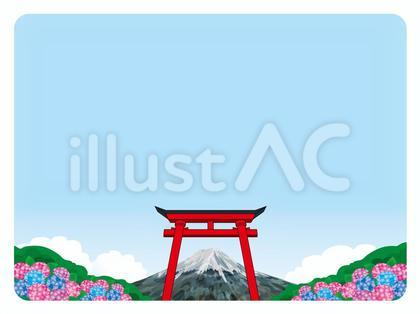 背景フレーム(72)富士山と神社あじさい