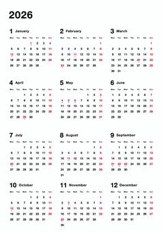 月曜始まり2026年カレンダーA4寸法 カレンダー,2026,2026年,スケジュール,印刷,令和8年,縦型,月曜始まり,年間,シンプルのイラスト素材