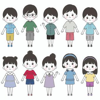 こどもファッションセット2 ファッション,服,子供,コーディネート,シンプル,全身,夏服,服装,おしゃれ,カジュアルのイラスト素材