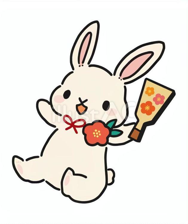 羽子板を持ってジャンプするうさぎ 卯,うさぎ,ウサギのイラスト素材