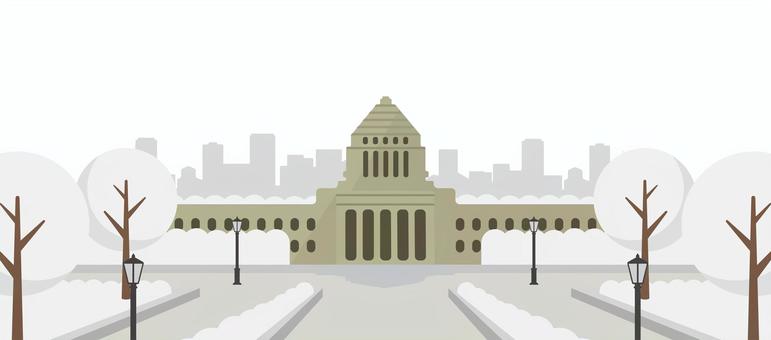 日本の国会議事堂イラスト / 冬・雪景色 国会議事堂,政治,冬,日本,東京,議会,雪景色,永田町,国会,参議院のイラスト素材