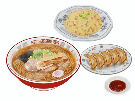中華３点セット6（たれ付き）2 ラーメン,チャーハン,炒飯,ギョーザ,餃子,タレ,中華料理,中華料理店,主食,ご飯のイラスト素材