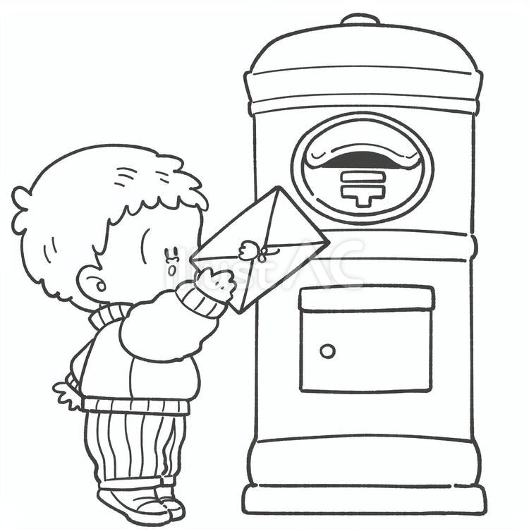 手紙を出す子どもの白黒手描きイラスト ポスト,白黒,子どものイラスト素材