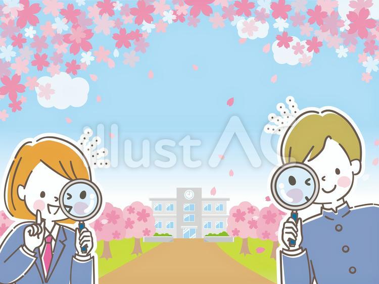 春の校舎を虫眼鏡で観察する男女の学生 男子,女子,虫眼鏡のイラスト素材