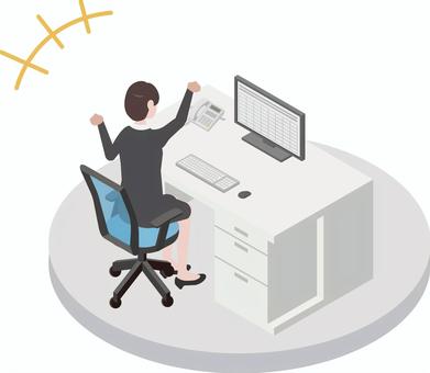 アイソメトリック_働く人⑤-6 アイソメトリック,オフィス,会社員,女性,ガッツポーズ,喜ぶ,オフィスワーク,働く,仕事,アイソメのイラスト素材
