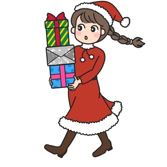 サンタのコスプレでプレゼントを運ぶ女の子 サンタ,サンタクロース,コスプレ,クリスマス,プレゼント,箱,リボン,ワンピース,ブーツ,三つ編みのイラスト素材