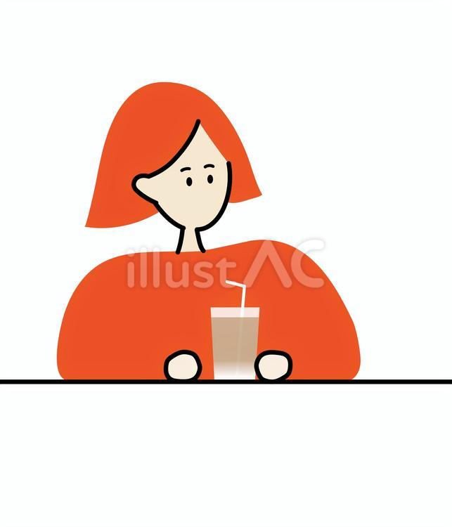アイスコーヒーを飲むおかっぱ 女性,ショートヘア,シンプルのイラスト素材
