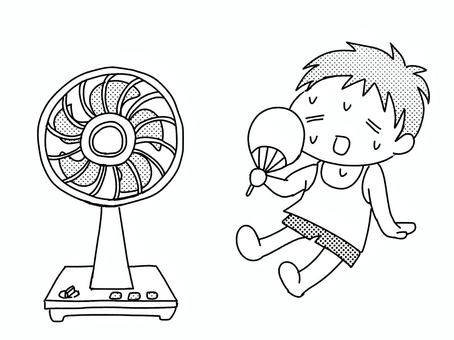 扇風機とうちわ（モノクロ） 扇風機,うちわ,夏,暑い,熱中症対策,モノクロ,人物のイラスト素材