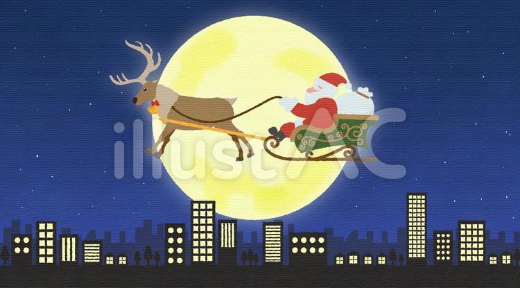 満月の聖夜と街とサンタクロース 背景,サンタクロース,クリスマスのイラスト素材