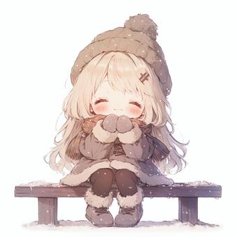 雪のベンチに座る女の子
