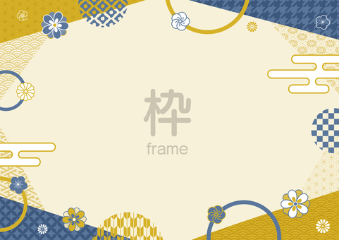 レトロおしゃれな和柄のフレーム02 お正月,フレーム,和柄,幾何学,枠,和,冬,梅,菊,雲のイラスト素材