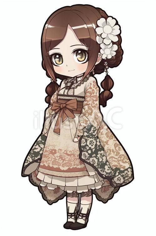 着物柄のワンピースを着た女の子 着物,女の子,ワンピースのイラスト素材