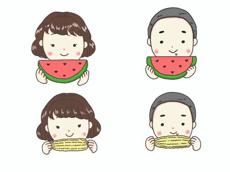 女の子男の子と食べ物 女の子,男の子,食べ物,スイカ,とうもろこし,コーン,ボブヘア,坊主,顔,夏のイラスト素材