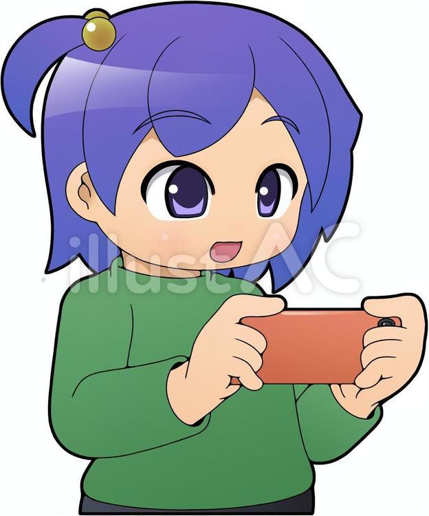 スマホ（横持ち）を操作する女の子_B スマートフォン,女の子,女性のイラスト素材