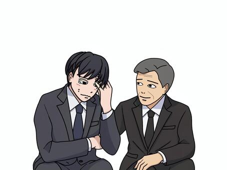 泣いているスーツ男性を慰める中年上司 泣く,涙,落ち込む,スーツ,男性,中年,上司,ビジネス,寄り添う,励ますのイラスト素材