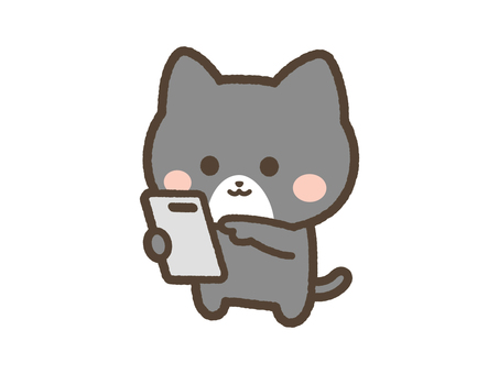 スマホを操作するねこ（黒ネコ） ねこ,スマホ,操作,触る,携帯,スマートフォン,日常,表情,かわいい,ゆるいのイラスト素材