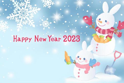 2023年賀状10 年賀状,卯年,卯,干支,雪だるま,2023,雪の結晶,雪,スノークリスタル,うさぎのイラスト素材