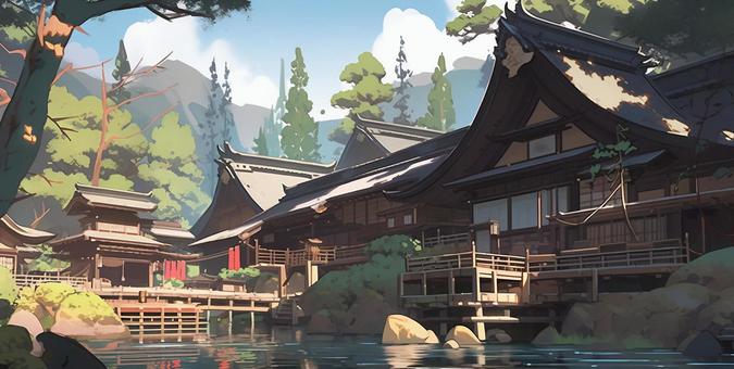 Illustration, landscape, japanese style, a mansion, 