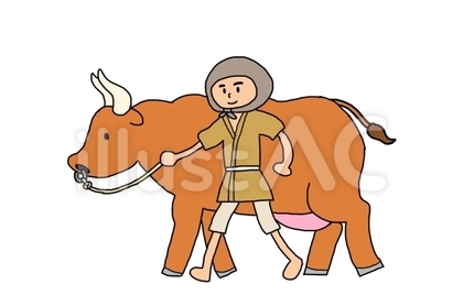 牛を連れて歩く百姓
