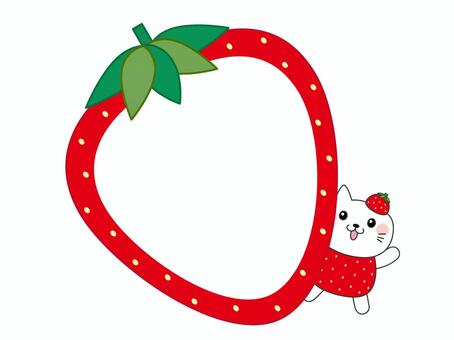 いちごフレームと猫　02 猫,いちご,フレーム,枠,果物,かわいい,フルーツ,お知らせ,イベント,行事のイラスト素材
