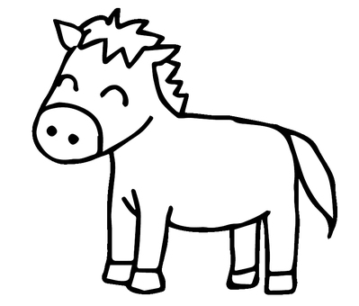 にこにこ馬（モノクロ） 馬,動物,シンプル,かわいい,白背景,全身,哺乳類,草食動物,家畜,午のイラスト素材
